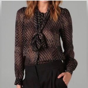 Theory Silk Primo Blurred Tie-neck Black,Grey and beige Patterned Blouse M